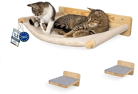 WOOWOOD® Kletterwand Katzen inkl. 2X Katzentreppe Wand [Extra Stabil] I Kratzbaum Wand I Hängematte Katze I Katzenwand I Wandkratzbaum I Katzenmöbel I Katzen Kletterwand I Katzenhängematte Wand