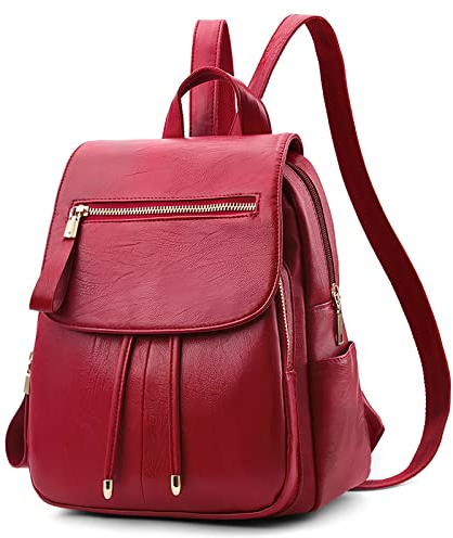 DIRRONA Rucksack Damen Beiläufig Diebstahlschutz Daypack Reise Wasserdicht Rucksack Schule Büro Geschäftsreise PU Leder Mittel Damen Rucksack Rot