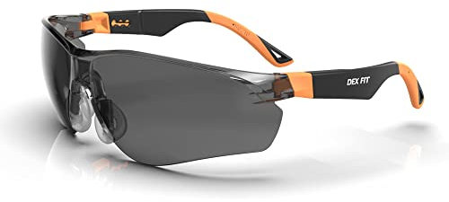 DEX FIT SG210, Occhiali da sole di sicurezza, antiappannamento e antigraffio, protezione Z87, regolabili, anti-UV (montatura nera/arancione, lenti scure)