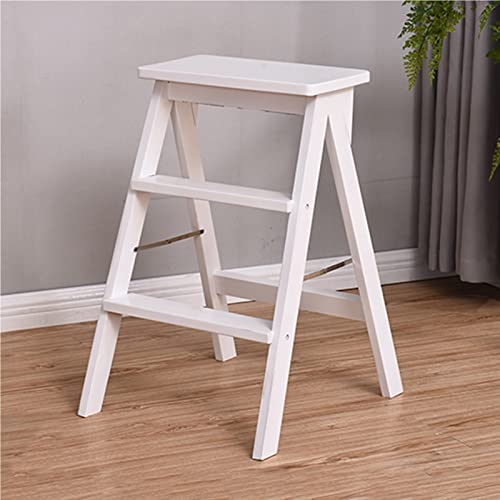 LUDIST Hölzerner Leiter-Stuhl-Rack 3-Stufen-Leiter-Hocker für tragbare Trittleitern im Innen- und Außenbereich, rutschfeste, klappbare Trittleiter, weiß
