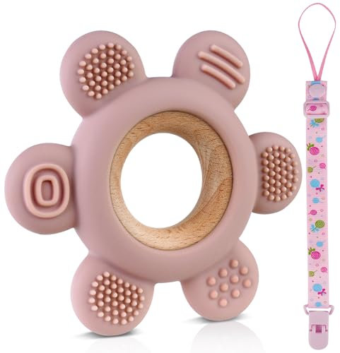 Vicloon Beißring für Baby, Beißring aus Silikon Ruder Greifling Beißspielzeug mit Schnullerketten, Beißring in Sakura BPA-frei, Beißring Baby Zahnen Nursing Zubehör für ab 3 Monaten Babys(Rosa)