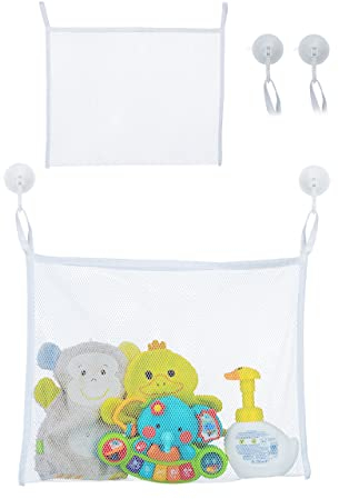 Relaxdays Badespielzeug Aufbewahrung, 2er Set, Badenetz mit Saugnäpfen, HxB: 35 x 45 cm, Badewannentasche Kinder, weiß, Pack
