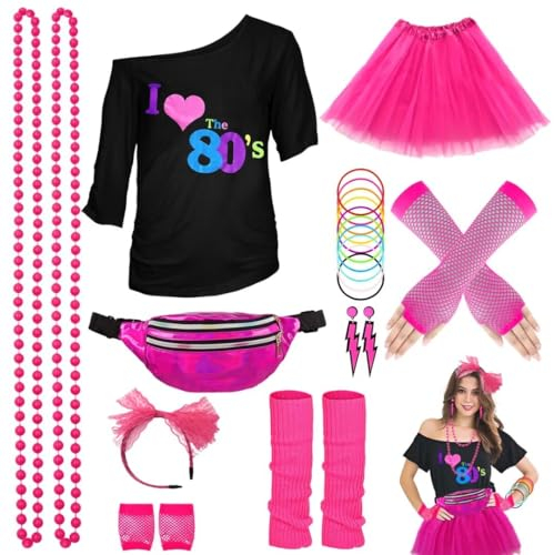 80er Jahre Outfit Damen Set, T-Shirt, Tutu, Gürteltasche, Stirnband, Ohrring, Halskette, Netzhandschuhe, 80er Jahre Kleidung Kostüm Neon Accessoires Thema Party Karneval Clothes-80SLove-Pink-M