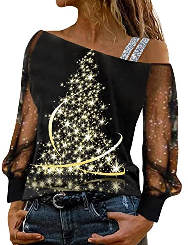 Damen Casual Lose Ärmel Pailletten Bluse Print Mesh T Shirt Splice Lange Damen Tops Langarm T Shirt Schwarzes Oberteil Damen Große Größen (Yellow, XXL)