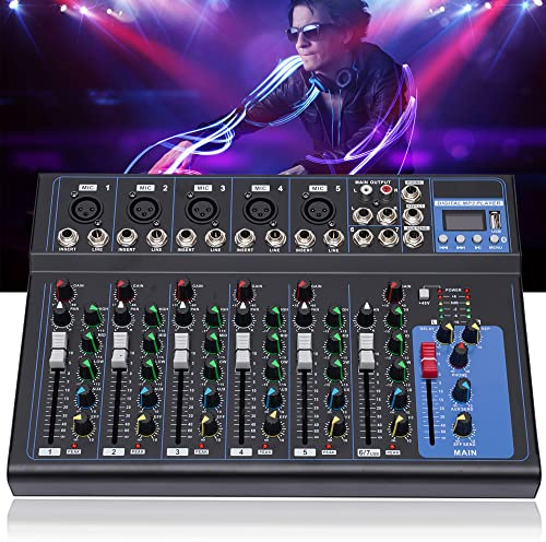 HarBin-Star Audio DJ Mixer Soundboard Set de consola, 7 canales, 48 V, alimentación phantom con Bluetooth, USB, estéreo, Live DJ Studio Streaming para fiestas de grabación profesionales en el