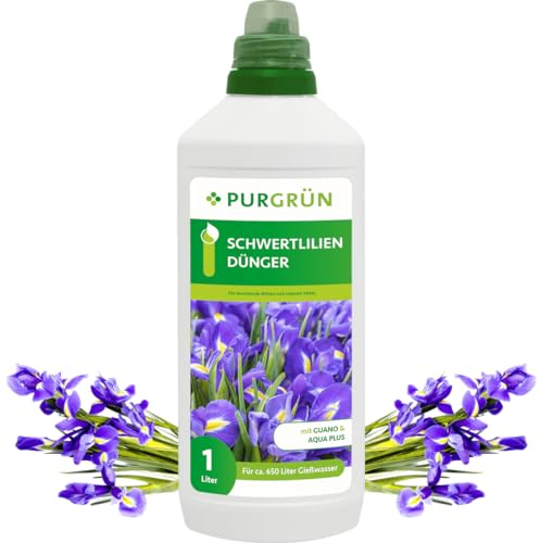 Purgrün® Schwertlilien-Dünger 1 Liter – Organisch-mineralische Rezeptur – Premium-Flüssigdünger mit Spurennährstoffen – NPK 8+8+6 – Mit Guano & Aqua Plus – Für eine intensive Blütenbildung