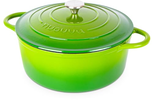 Casseruola in Ghisa Smaltata, Pentola Olandese Antiaderente con Coperchio, Induzione/Gas/Forno, Cottura Omogenea – 6.9 Liter 30cm Verde – da Nuovva
