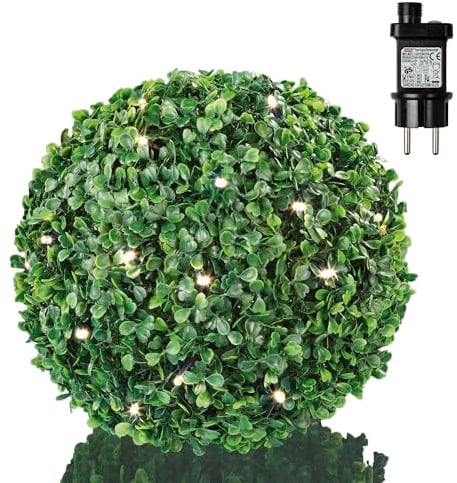 hellum Buchsbaumkugel künstlich mit Beleuchtung, Solar Buchsbaum LED Kugel mit Timer, Außentransformator & Solar-Panel, Buchskugel beleuchtet Ø 22 cm mit 30 LEDs warmweiß, 5m Zuleitung 151589