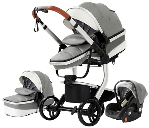 NADDLILY PU-Leder Kinderwagen 3 in 1, Buggy mit Umkehrbarem Zwei-Wege-Schub, Kinderwagen Faltbarem Tragbarem One-Click-Design, Kinderwagen 3 in 1 Komplettset mit Zubehör Hohe Landschaft (518 Grey)