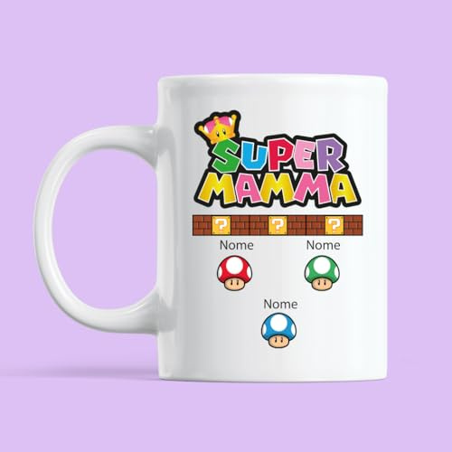 Teetaly - Tazza Super Mamma Personalizzata con Nome Dei Figli, Idea Regalo Festa Della Mamma, Compleanno (3 Nomi)