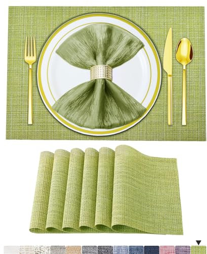 BETEAM Platzsets Abwaschbar 6er Set Vinyl Tischsets für Esstisch Waschbar Küchen Platzdecken Langlebige Tischsets für Drinnen Draußen-01 Grün, 6er Set