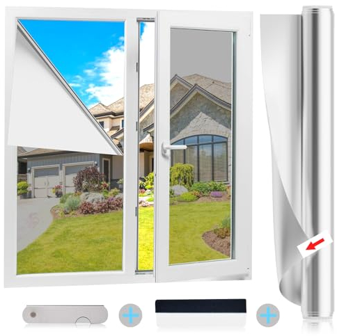 Spiegelfolie Fenster Sichtschutz Silber Selbstklebend Fensterfolie von innen durchsichtig von aussen Blickdicht UV-Schutz Sonnenschutz Fenster innen oder außen für Büro und Wohnzimmer (90X400cm)
