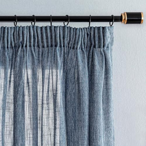 MYSKY HOME Vorhänge Leinenoptik Gardine Wohnzimmer Gardine mit Kräuselband Halbtransparent Vorhang 2er Set H 225 x B 140 cm Natürlicher Stil Gardine Halbtransparent Linen Curtains, Dunkelblau