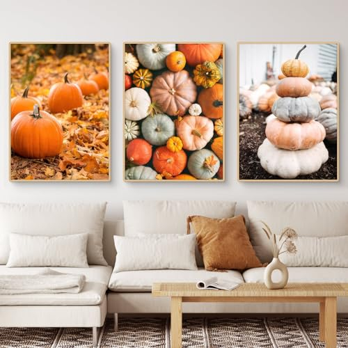 Viusneun Herbst Bilder 3er Poster Set, Premium Leinwandbilder Kunstdruck Wandbilder Aesthetic Kürbis Wandposter Ohne Rahmen Poster für Wohnzimmer Schlafzimmer (30 x 40 cm)