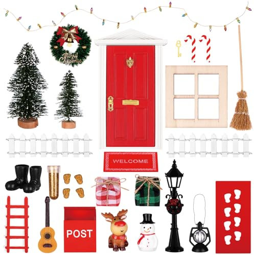 DatingShiny 26 Stück Weihnachten Miniatur Wichteltür Zubehör Set, Miniatur Wichtel Zubehör mit Wichtel Tür Briefkästen Kranz Weihnachtsbaum Zaun