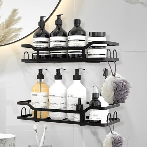 volumoon Lot de 2 Etagere Douche sans Percage, Étagère Salle de Bain en Acier Inoxydable, Support Savon Douche, Porte Gel Douche, Support de Gel Shampoing, Organisation de Salle de Bain (Noir)