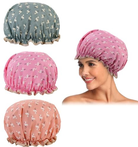 3 Pcs Shower Cap for Women,32CM Large Reusable Bath Caps Double Layers Oil-proof Caps With Ruffled Edge Covering