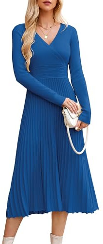 OUGES Strickkleid Damen Winter Kleid Lang Winterkleid Elegant Herbstkleid Langarm V-Ausschnitt Pulloverkleid für Herbst