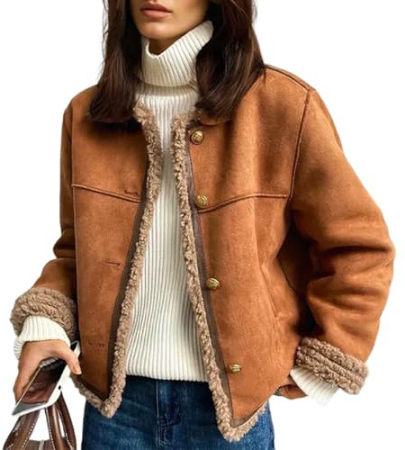 Lammfelljacke Mit Knöpfen, Kunstlederjacke Für Damen, Gefütterte Jacke Mit Kurzem Futter, Lässige Jacke Mit Langen Ärmeln Und Knöpfen, Gefütterte Fleecejacke (XL,Braun)