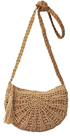 TENDYCOCO Handgemachte Strohtasche Papier Mit Quasten Halbkreisförmige Umhängetasche Für Frauen Strand Und Urlaubstasche Leicht Braun Für Freizeit Und Shopping