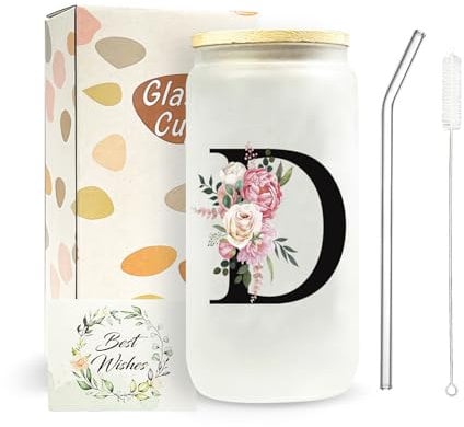 JEKUGOT A-Z Initial Personalised Birthday Gifts for Women, 16oz Iced Coffee Glass Cups with Lids and Straws, Glass Coffee Cup Gift Set for Mothers, Friends, Women, Men, Iced Coffees Cup Gift (D)