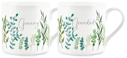 Purely Home Granny & Grandad Mug Set - Ferns & Greenery Garden Themed Gifts for Grandparents Bone China Mugs Set of 2 - Tea/Coffee Hot Drinks Cups Present