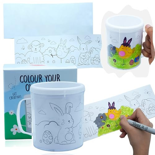 HOVUK Color Your Own Easter Mug 300ml with Two Removable Paper Inserts (Printed & Blank) Easter Craft Project for Kids, Stocking Fillers Kids Plastic Drinking Cup