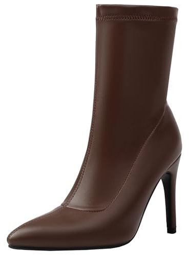 XIEPP Classici stivali corti da donna, con punta a punta e tacco a spillo, marrone, 46 EU