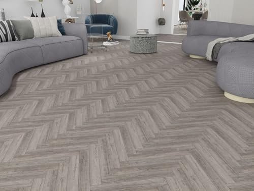 Built Right SPC Vinyl Click Lock Herringbone Flooring – Rustic Grey Oak Wood Effect Planks, 6.5mm Thick, Easy DIY Installation, Luxury Vinyl Flooring for Bathroom, Kitchen, Bedroom – 1.79m² Pack