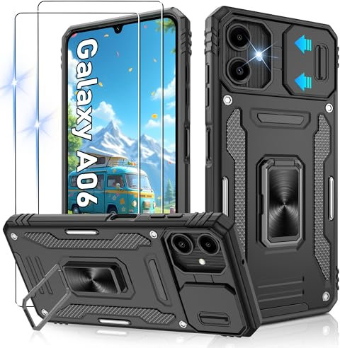 Jshru for Samsung A06 Phone Case with Screen Protector | Camera Protective Cover | Ring Stand,Shockproof Bumper Phone Cover for Samsung Galaxy A06 4G,Black