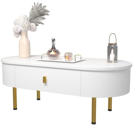HAINEW Moderner Oval Couchtisch Wohnzimmertisch mit 2 Schubladen, Weiß Sofatisch Beistelltisch Kaffeetisch mit Goldenen Griffen und Beinen für Wohnzimmer, Schlafzimmer, 108×50×40cm