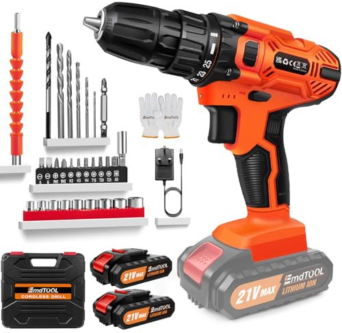 3 in 1 Cordless Drill, 21V Power Drill Set 3/8” Keyless Chuck Electric Drills with 25+1 Torque Rating, 45Nm, 2 Variable Speeds Electric Driver 29pcs Drills/Driver Bits for Home/DIY (2x2000mAh, Orange)