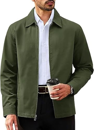 TACVASEN Bomber Jacket Men Lightweight Fall Cotton Coat Work Outdoor Smart Casual Jackets with Pockets ArmyGreen,XL
