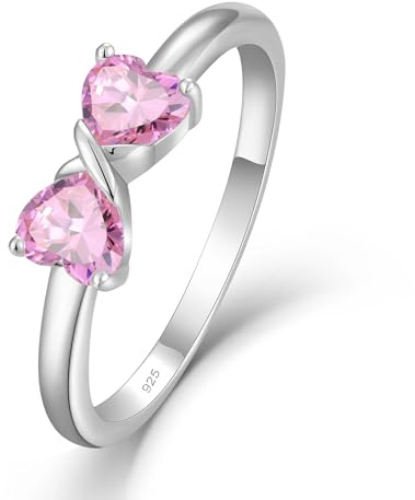 starchenie Bague Femme Double Coeur Sterling 925 Argent Zircone Tourmaline Rose Promesse Mariage Cadeau Bijoux Taille 52