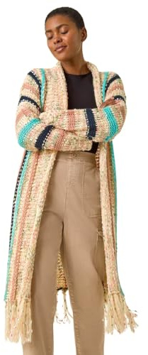 Roman Originals Women Cardigan - Ladies Longline Coatigan Tassel Open Front Cardi Winter Autumn Casual Textured Edge to Edge Yarn Patterned Comfy Work Going Out - Natural Beige Multi - Size 14