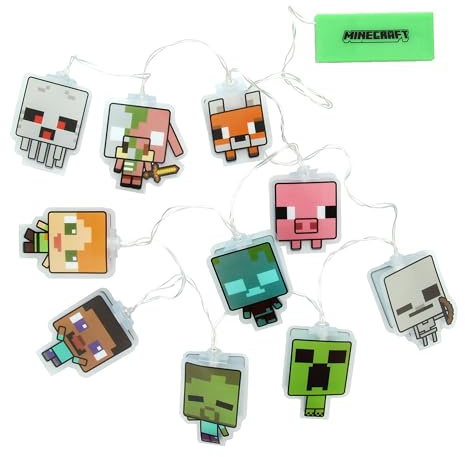 Paladone Minecraft Fairy Lights with 10 LED Characters Including Creeper, Steve, Piglin and More, Officially Licensed Battery Operated Bedroom Decor for Boys, Girls, Teens