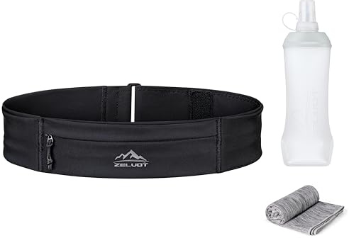 Zelvot Laufgürtel für Handy, Running Belt Wasserdicht mit 400ml Trinkflasche, Lauftasche Jogging mit 3 Taschen, Verlängerungsgurt & Sporthandtuch, Bauchtasche Joggen für Herren und Damen (Schwarz, L)