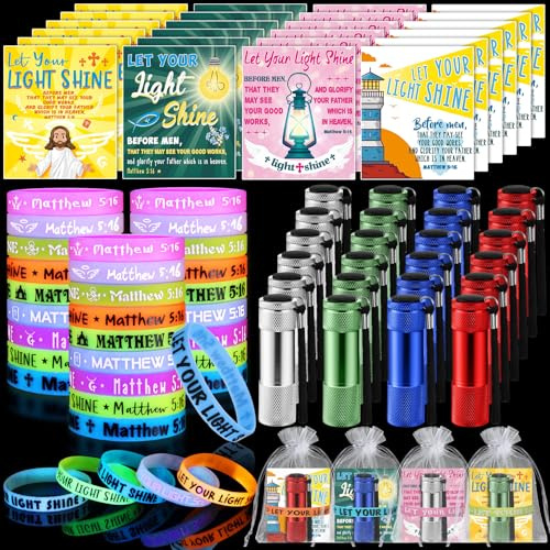 Flutesan 144 Pieces Glow in the Dark Christian Religious Gifts Mini Flashlights Bulk Make Your Light Shine Silicone Bracelets Bible Verse Cards Bags for Christening
