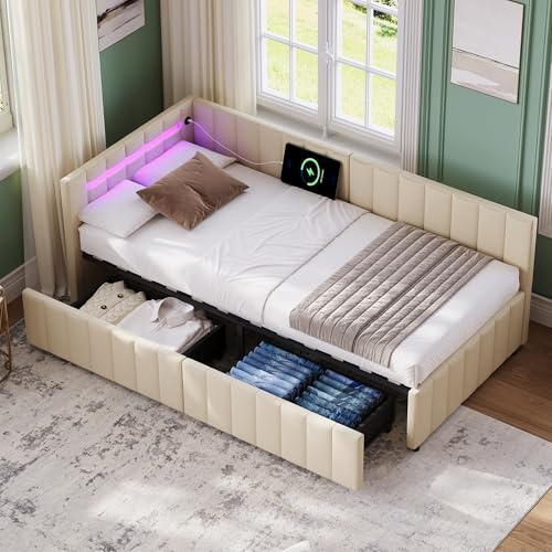 Besbed Day Bed, 3ft Upholstered Single Bed Frame with Storage Drawers, Led Headbord with USB Ports & Charging-Station, Velvet Sofa Bed for Adults and Chidren, (No Mattress) (Beige, 90 x 190 cm)