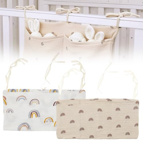 2 Stück Babybett Organizer Hängend, 2-in-1 Baby Kinderzimmer Organizer Aufhängen Babybett Verstellbarer Organizer für Windeln Kleidung Spielzeug Hängeorganizer Babybetttasche(Regenbogen)