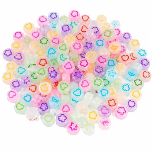 Perlin 500 Stück Glow in the Dark Perlen 7 mm Leuchtperlen Acryl Bastelperlen mit Herz Stern Mond Blume Motiven Schmuckperlen zum Auffädeln für Kinder Armband DIY