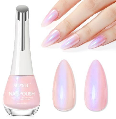 SUPWEE Iridescent Nail Polish 16ML, Mermaid Light Pink Air Dry Nail Varnish | Shimmer Quick Dry Pearl Aurora Pink Effect, No UV Lamp Needed, Oil Based Fast Lacquer for Home and Salon