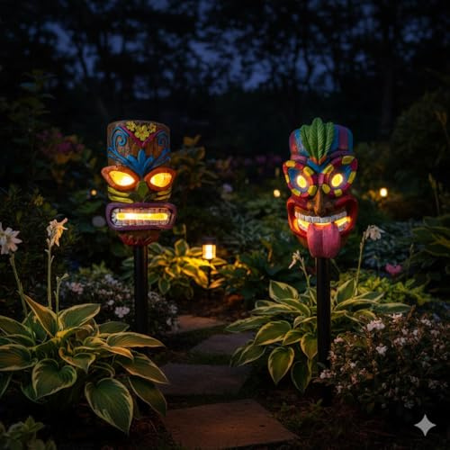 Bloomingtons Direct Pack of 2 Solar Tiki Garden Stake Light Tropical Outdoor Decor Lawn Ornament Flower Bed Lighting Patio Solar Tiki Heads Decorative Garden Statue Summer Garden Ornament