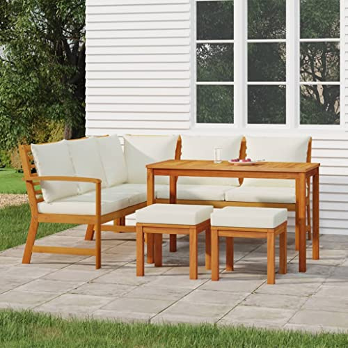 Massbinet Garten Essgruppe Gartensofa Set Gartenmöbel Lounge-Set Sitzgruppe mit Tisch Outdoor Essgruppe Massivholz Akazie Cremeweiß (2X Bench + Corner + 2X footrest + Table)