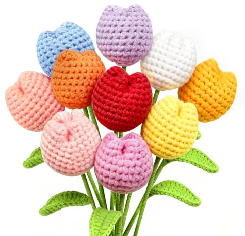 10 Pcs Artificiali Fiori Uncinetto Bouquet Tulipani Finti, Prodotto Finito | 10 Colori, Fiori Conservati, Decorazioni Calde, Regali all Uncinetti Piante per Amica Donne, Festa Della Mamma, Matrimonio
