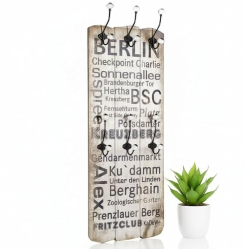 Mucola Wandgarderobe Garderobe Berlin Shabby Chic 6 Haken 100x40 cm Braun | Paulownienholz mit Metallhaken, dekorativer Vintage-Schriftzug, für Flur und Eingangsbereich, inkl. Befestigungsmaterial