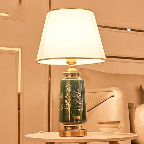 XINYASEE Tischlampe Vintage Retro mit Keramikfuß & Stoffschirm, Gold-Akzente (Baum & Hirsch), Deko-Lampe für Schlafzimmer, Nachttisch, Wohnzimmer (Grün)