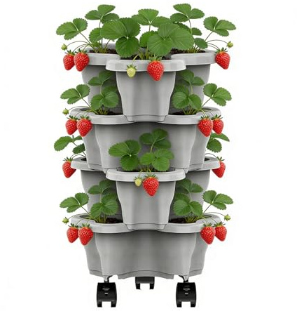 Kawiithn 4/5 Tier Stackable Strawberry Planter Tower with Tray Wheels and Drainage, Multi-Tier Vertical Garden Pots Planter for Patio, Balcony & Garden Indoor & Outdoor Use