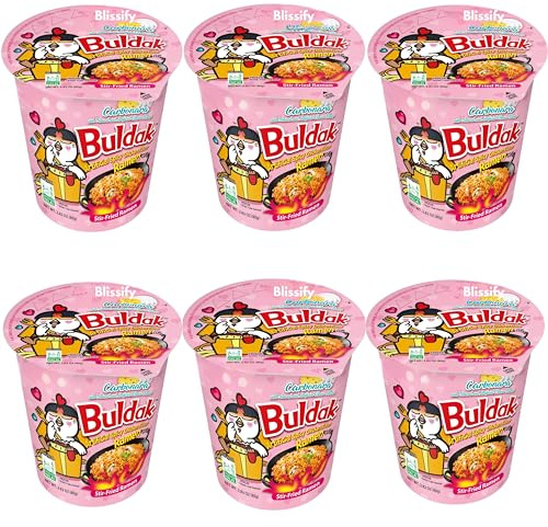 Blissify -Korean Import Hot Chicken Flavour Carbo nara Noodles Cups- Fire Fried Hot Spicy PINK Noodle (80g x 6) - By Buldak
