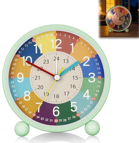AOOTE Réveil Enfant Silencieux sans Tic-Tac,Reveil Enfant Silencieuse,Réveils Analogique,Horloge de Table la Lumière de Nuit pour Ecole Chambre Enfants Classe,Fonctionne avec Piles(Vert Clair-1)